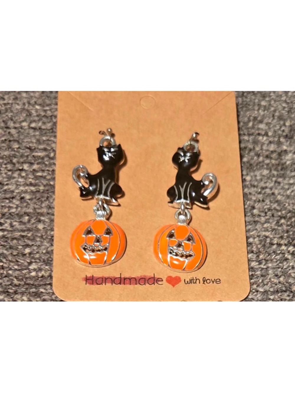 Handmade Halloween Cat and Pumpkin Dangle Earrings